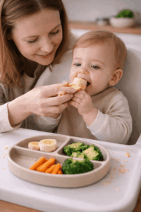 Mutter füttert Baby mit Banane