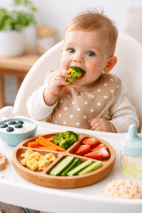 Baby probiert erstes Essen
