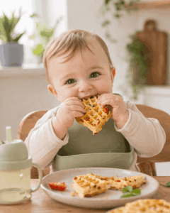 lächelndes baby beim waffeln essen 